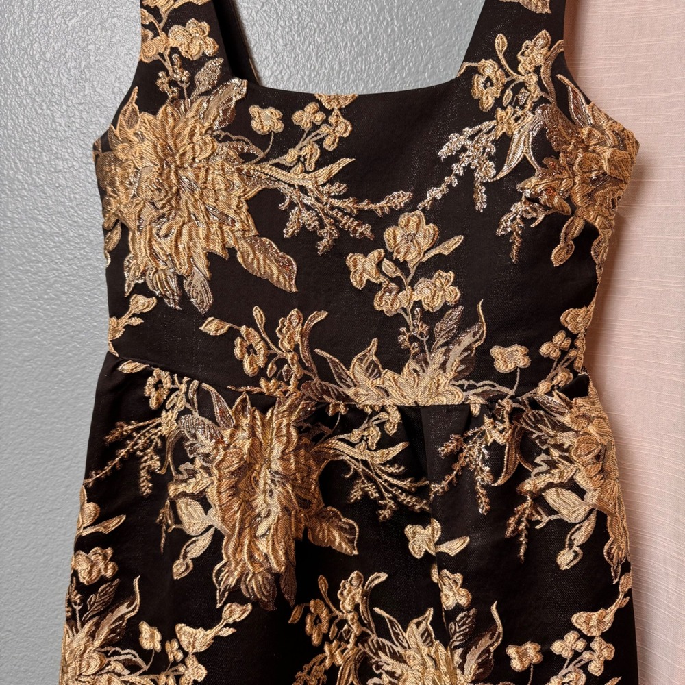Band of the Free Dress Women S Black Gold Floral Brocade‎ Mini Square Neck - Picture 2 of 11